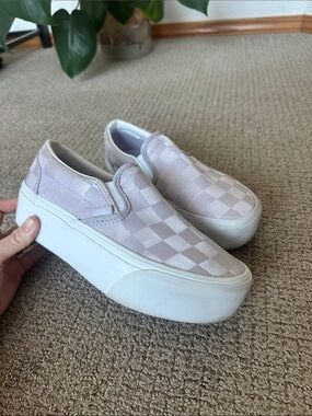 Van’s classic slip on stackform sneakers in pastel satin lilac Checkerboard